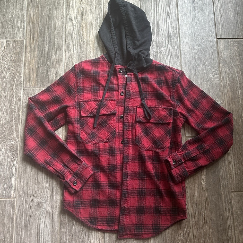 Original Use Red Black Plaid Flannel Hoodie‎ Shirt Mens XS Grunge Comfort